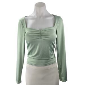 NEW Live in the Moment Green Ruched Front Long Sleeve Open Back Crop Top Size S